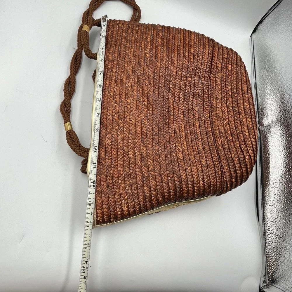 Worthington Tote Bag Brown Womens Woven Straw Gold Trim H 10 x W 14 x D 4.5 in